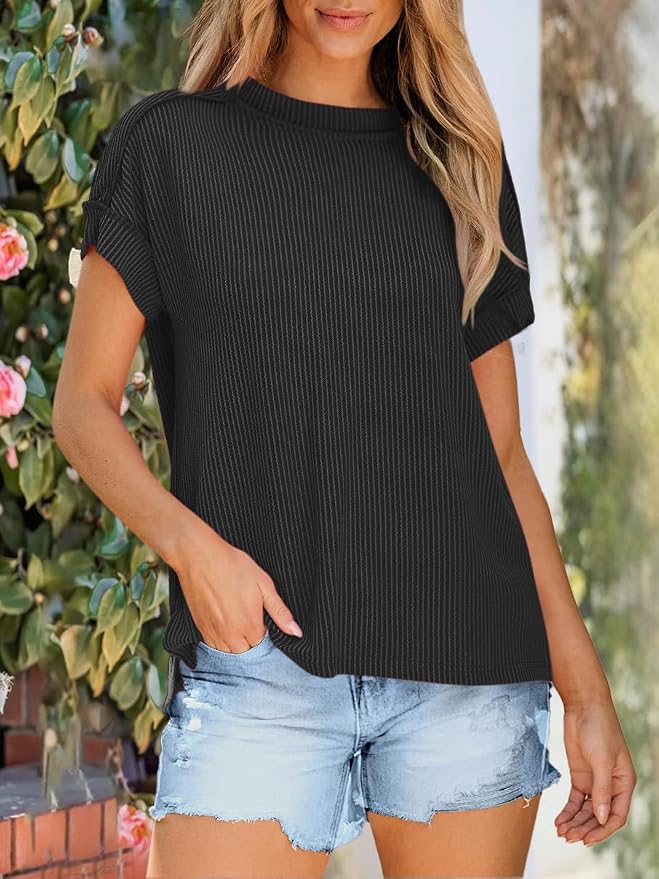 ANRABESS Womens Short Sleeve Crewneck Shirts Ribbed Knit High Low Hem T Shirt 2026 Summer Spring Casual Tops Trendy Clothes
