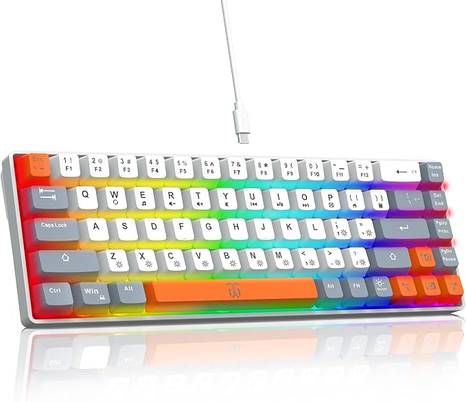 Snpurdiri 60% Percent Gaming Keyboard (68 Keys, White-Grey-Orange) | Ergonomic Compact RGB Backlit Small Gaming Keyboard for Windows, PC, Laptop