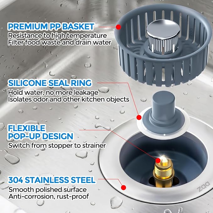 zaa 3 in 1 Kitchen Sink Drain Strainer Stopper Removable Basket Pop-Up | Kitchen Sink Accessories 1 Pack Silver Stainless - Food Catcher, Odor-Blocking Seal, Fits 3.5" Drain, Easy Clean