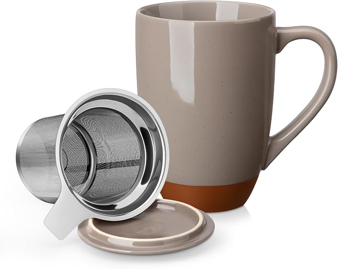 MALACASA Ceramic Tea Mug with Lid and Stainless Steel Infuser, 18 oz Large Tea Cup for Loose Leaf Tea, Heat-Resistant, Microwave & Dishwasher Safe, Speckled Glaze Coffee & Tea Brewer Mug, Khaki Brown
