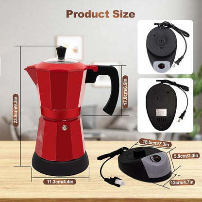 Electric Aluminum Moka Pot 3-6 Cup 150-270ml Espresso Maker | with Detachable Base Ideal Coffee Makers for Home MochaPot Italian and Cuban Café Coffeemaker Espressomaker CoffeePot Red
