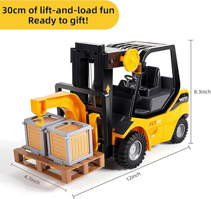 11.8 Inch Friction Powered Toy Forklift Truck with Lights & Sounds, 1/16 Scale Construction Vehicle with Pallet & 2 Cargo Boxes, Push Car for Toddlers Age 3, 4, 5 Boys Girls - Easter Gifts