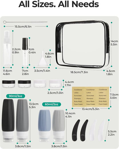 BAGSMART 18 Pack TSA Approved Travel Bottles for Toiletries, Leak Proof Silicone Travel Size Containers Bottles for Shampoo, Grey