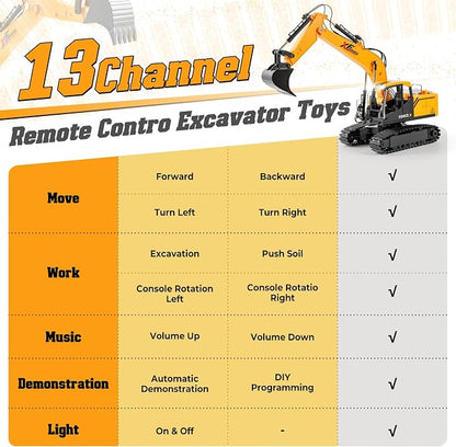 V-Opitos RC Excavator Toys for Boys Age 3, 4, 5, 6, 7, 8, 9, 10+ Years Old, 13CH Excavable Remote Control Construction Toys with Alloy Shovel/Lights/Sounds, Ideal Christmas Birthday Gifts for Kids