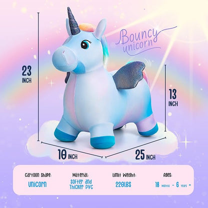 Unicorn Horse Hopper, Inflatable Plush Animal Hopping Toy, Bouncing Riding Hopper for Toddlers, Outdoor Indoor Jumping Toys for Boys Girls, Birthday Gifts for 18 Month 2 3 4 5 W/Free Pump