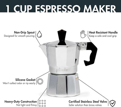 Primula Classic Stovetop Espresso and Coffee Maker, Moka Pot for Italian and Cuban Café Brewing, Greca Coffee Maker, Cafeteras, 1 Espresso Cup, Silver