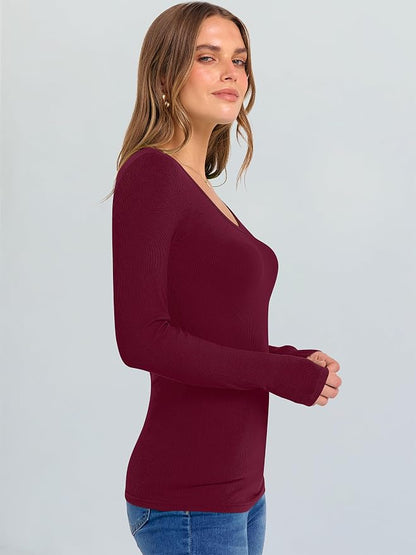 ANRABESS Long Sleeve V Neck Shirts for Women | Soft Comfy Ribbed Knit Fitted Tshirts, Casual Going Out Tops, 2026 Trendy Basic, Fall Winter Underscrub Layering Clothes