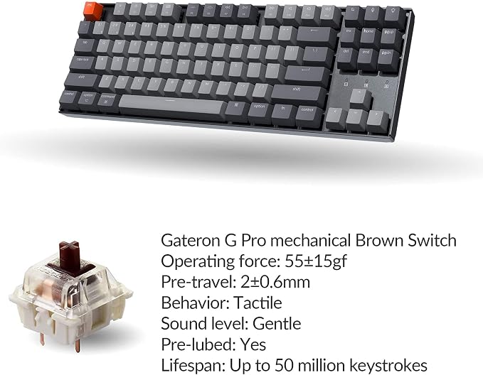 Keychron K8 Tenkeyless Wireless Mechanical Keyboard for Mac, RGB Backlight, Bluetooth, Multitasking, Type-C Wired Gaming Keyboard for Windows with Gateron G Pro Brown Switch