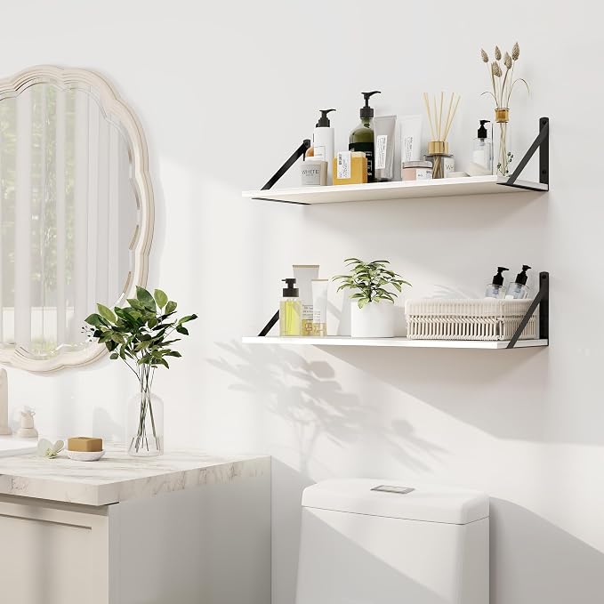 Heimlove White Deep Floating Shelves for Wall, 24W x 8D Wood Wall Shelves Set of 2, Wide Floating Bookshelf for Living Room, Kitchen, Office, Bedroom and Decor Storage, with Black Bracket - White