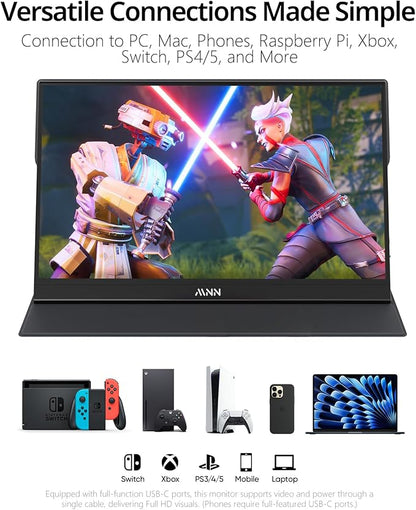 MNN 15.6" FHD 60Hz Portable Monitor USB-C HDMI IPS HDR Gaming Laptop | 15.6" FHD IPS HDR, 0.76cm/694g, USB-C one-cable, PC/Mac/Phone/Switch, speakers+stand, L/P, low blue, work&game