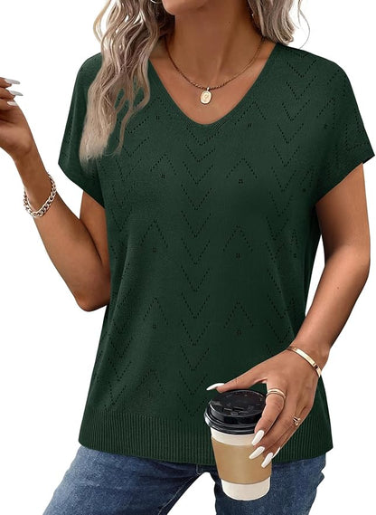 WIHOLL Short Sleeve Sweater for Women V Neck Trendy Cute Tops Business Casual Outfits Cap Sleeve