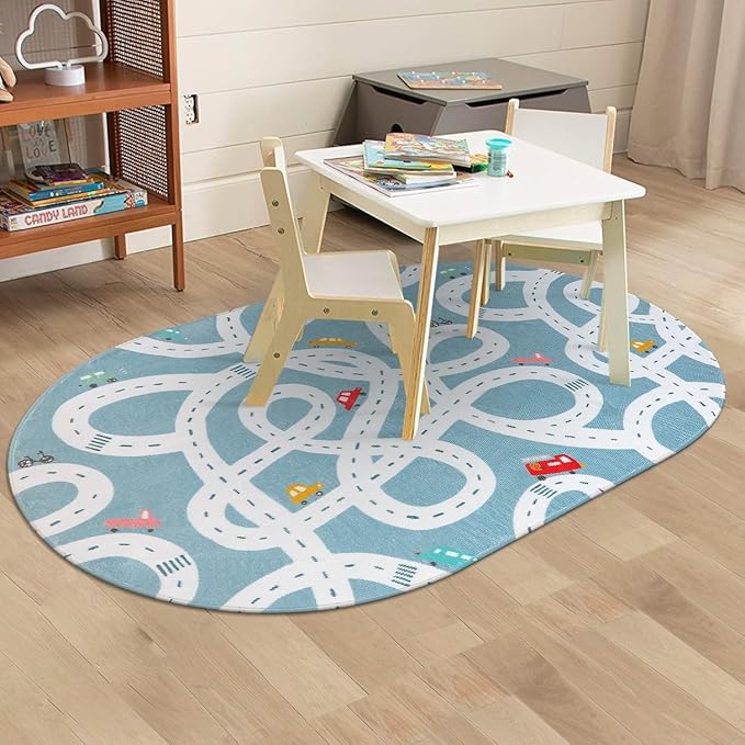 LIVEBOX Large Washable Kids Rug, 4'x6' Non-Slip Car Road Rug for Playroom, Fun Kids Room Rugs for Bedroom, Blue Road Carpet Indoor Kids Play Mat for Toy Room Toddler Room Classroom