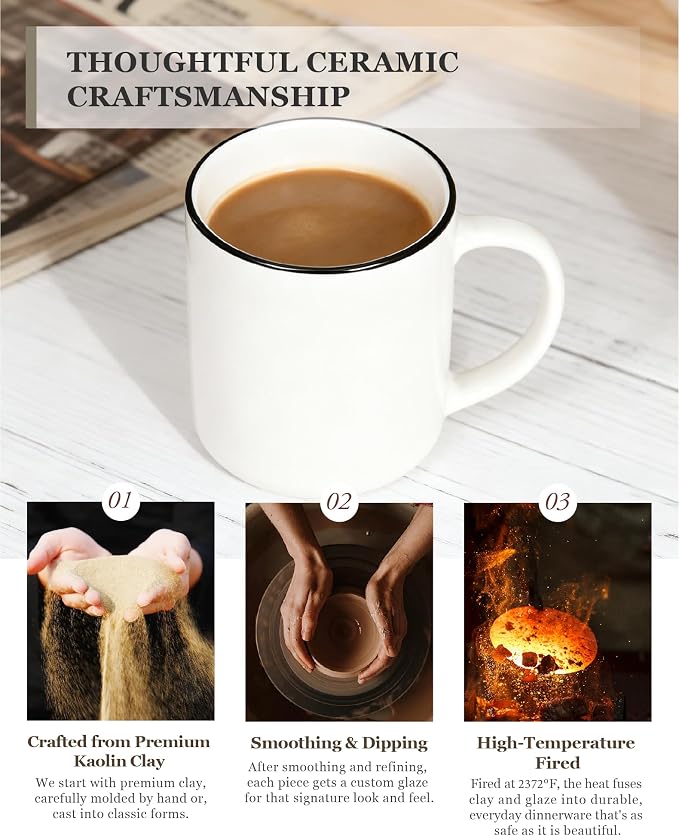 OTAGO Coffee Mugs for 6, 12 oz Mug Set, Dringking Cup with Handle for Coffee, Tea, Cocoa, Black Rim
