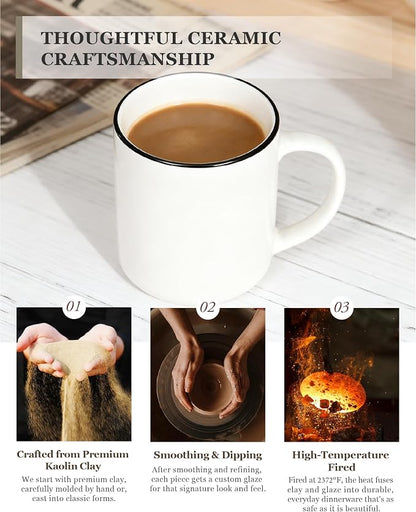 OTAGO Coffee Mugs for 6, 12 oz Mug Set, Dringking Cup with Handle for Coffee, Tea, Cocoa, Black Rim