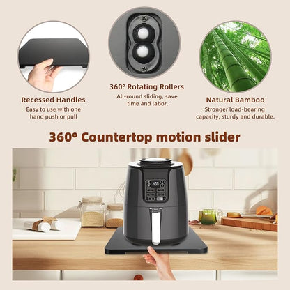 360°Rolling Tray Bamboo Kitchen Appliance Slider for Coffee Maker Pot | Countertops Sliding Tray Mat for Kitchen Appliances Easily Move Under The Cabinet Black 11.6×13.9