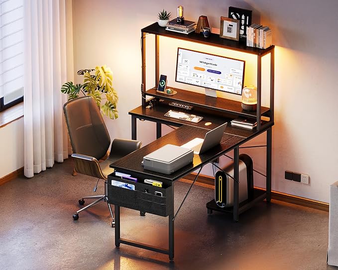 ODK 43" L Shaped Gaming Desk with Shelves, LED & Outlets, Black | Reversible L-shape. LED gaming lights & USB. Headset hook & storage bag. Fits dorms, small bedrooms & compact apartments.