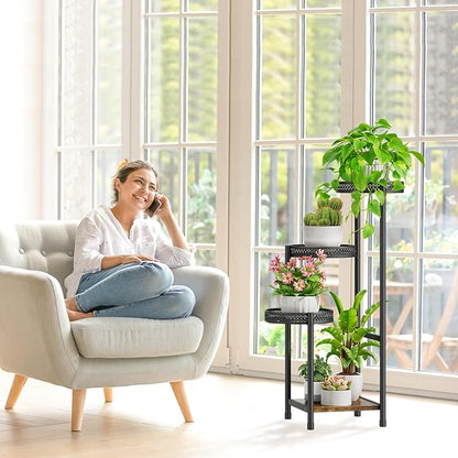 Plant Stand Indoor Outdoor, 4 Tier Metal Flower Pot Shelf Holder Clearance, Tall Corner Rack for Multiple Plants, Modern Organizer Display for Patio Orchid Office Porch Living Room Garden, Black