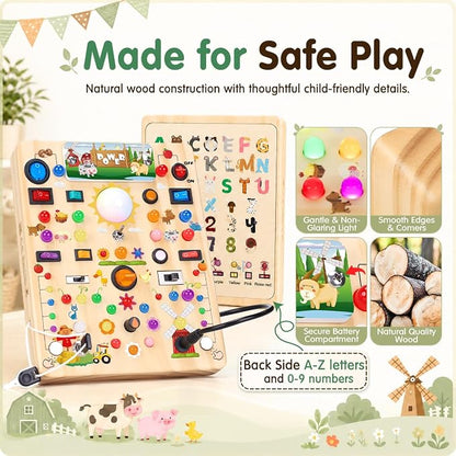Busy Board with LED Light Switches, Montessori Toys for 1 2 3 Years Old, Toddlers Wooden Toy Sensory Activity Board, Travel Toys for 1+ Year Old Boy & Girl Birthday Gift (Farm 19 Switches)