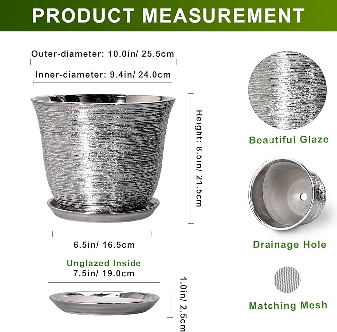 10 Inch Plant Pot - Ceramic Planter with Drainage Hole and Plant Saucer, Round Planter for Indoor Outdoor, Large Modern Decorative Flower Pots, Living Room Decor, Plant Lovers Gifts, Silver