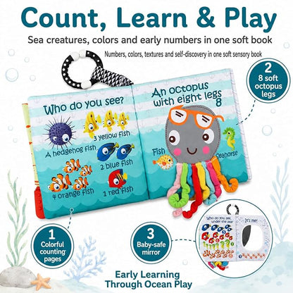 Fish Baby Book, Crinkle Books for Babies, Touch & Feel Soft Books, Infant Baby Toys 0-3 0-6 6-12 Months, Sensory Mirror Toy, Teether Ring, Baby Shower, Baby Basket Stuffers,Gifts for Boys Girls -Blue