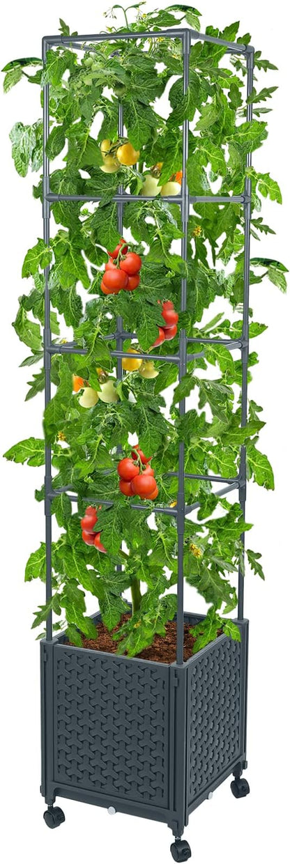 GREEN MOUNT Raised Garden Bed Planter Boxes with Trellis for Climbing Vegetables Plants, 56.7" Tomatoes Planters Outdoor Tomato Cage w/Wheels