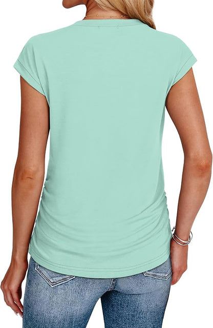 Sampeel Womens Summer Tops Trendy 2026 Ruched Cap Short Sleeve Tshirts Shirts Crew Neck T Shirts Fashion