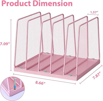 LEKETREE Small Desk File Organizer, 5-Section Upright File Sorter, Vertical File Folder Holder, Mesh Metal Wood Office Desktop Organization for Document, Magazine, Books and more (Pink)