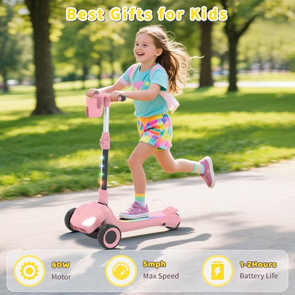 SIMATE Electric Scooter for Kids Ages 3+, 3 Wheel Balance Scooter, 3 Adjustable Heights, Foldable & LED Display & Thumb Throttle, Long Battery Life, Full Body Lights Up, Gift for Kids Boys Girls