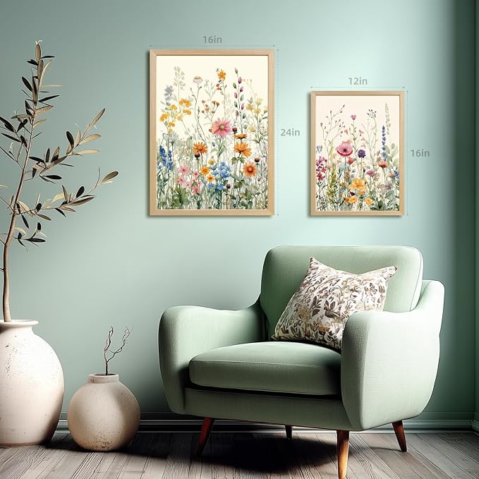 LLEEMPI Watercolor Floral Wall Art Set of 3, Colorful Wildflower Wall Decor, Modern Abstract Botanical Canvas Painting, Rustic Farmhouse Poster Print for Bedroom Bathroom Office Wood Framed 12x16 Inch