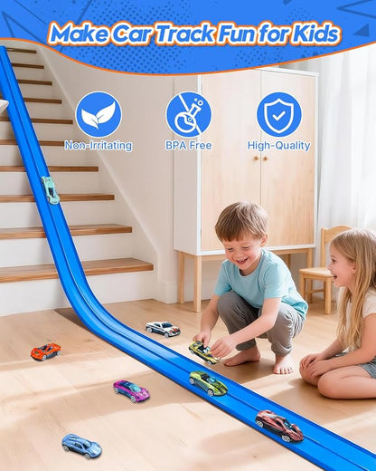 15 Ft Flexible Car Tracks for Kids Age 3 Up, Race Track with 6 Toy Cars, Flex Track Compatible Diecast 1/64 Cars with Suction Cups, Birthday for Boys (Blue)