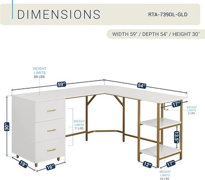 Techni Mobili 59" Two-Tone L‑Shaped Office Desk with Storage Shelves, Gold | 59" two‑tone L‑shaped desk with storage shelves, durable frame, modern corner workstation, spacious home office writing space