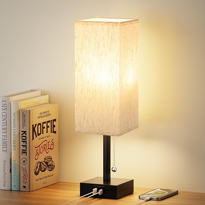 aooshine Pull Chain Small Table Lamp - 3 Color Temperature Bedside Lamp for Bedroom with USB Port, Minimalist Nightstand Lamp with Black Base, Desk Lamp for Kids Room Dorm, Bulb Included | Pull Chain Switch, LED Bulb Included, Cream Fabric Shade, 14.7"...