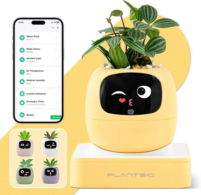 Upgraded AI Smart Flower Pot Multi-Emotion Interactive Digital Display Self Watering Planter Robot Flower Pot Supports 50+ Plants Decor for Desk Home Pet Office(Yellow)