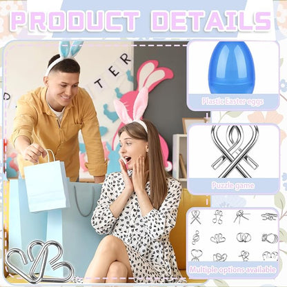 48 Pcs Prefilled Easter Eggs with Metal Brain Teaser Puzzles Iron Link Unlock Interlock Game for Egg Hunts Party Favors Easter Basket Stuffers