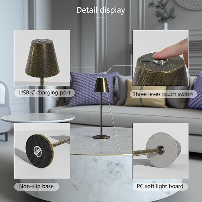 2 Pack LED CordlessTable Lamp,4000mAh Rechargeable Battery Desk lamp,3 Level Brightness Night Light, Metal Shell,Simple Design, for Couple Dinner/Coffee Table/Restaurant/Bedroom(Vintage Copper 2pack)