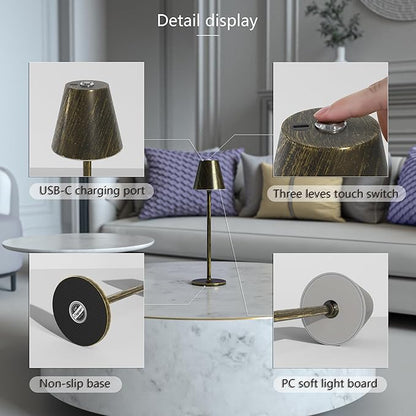 2 Pack LED CordlessTable Lamp,4000mAh Rechargeable Battery Desk lamp,3 Level Brightness Night Light, Metal Shell,Simple Design, for Couple Dinner/Coffee Table/Restaurant/Bedroom(Vintage Copper 2pack)