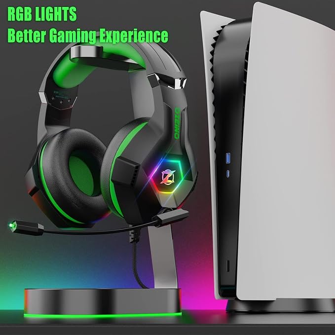 Ozeino Gaming Headset for PC, Ps4, Ps5, Xbox Headset with 7.1 Surround Sound, Gaming Headphones with Noise Cancelling Mic RGB Light Over Ear Headphones for Xbox Series X/S, Switch-Green