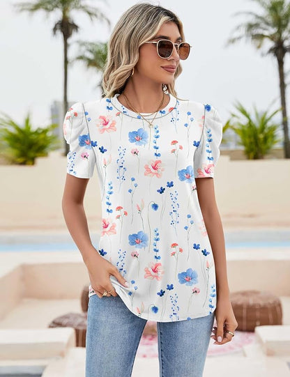 Ivicoer Puff Short Sleeve Shirt for Women Eyelet Tops Summer Crewneck Blouse Loose Fit S-XXL