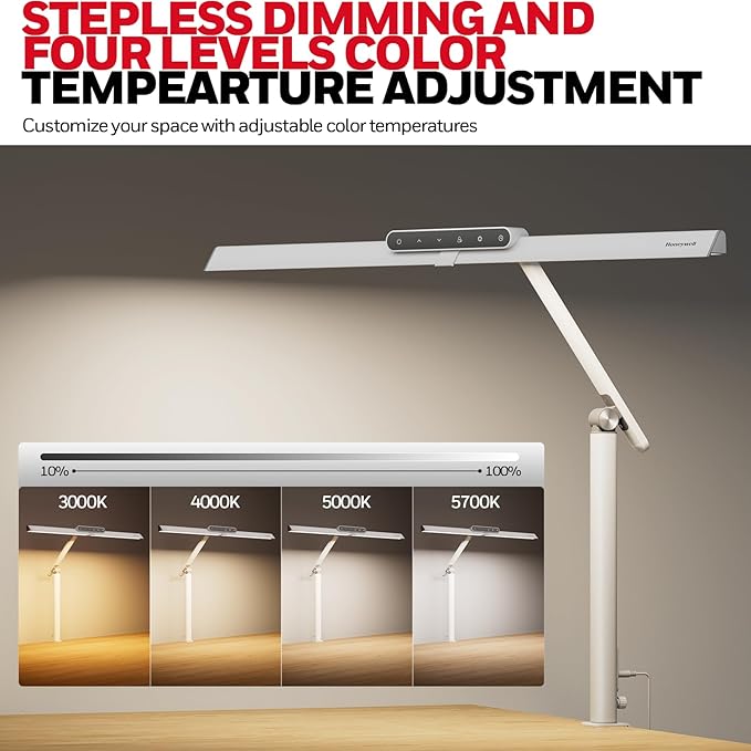 Honeywell HJ1 Sunturalux LED Clamp Desk Lamp 1200LM for Computer | CRI≥97, 4 Color Temps, Eye-Caring, Architect Task Lamp for Workbench, Reading, White