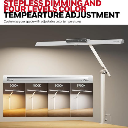 Honeywell HJ1 Sunturalux LED Clamp Desk Lamp 1200LM for Computer | CRI≥97, 4 Color Temps, Eye-Caring, Architect Task Lamp for Workbench, Reading, White