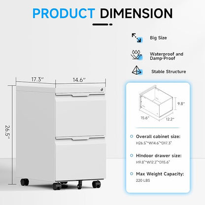 Bestoo Mobile File Cabinet with Lock, 2 Drawer Filing Cabinet, Under Desk Metal Rolling Filing Cabinets for Home Office, Fits Letter/Legal/A4 Size File, Easy Assembly