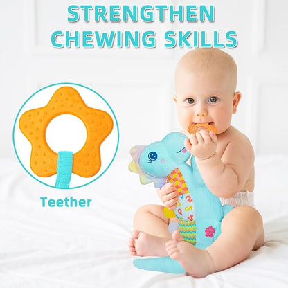 Baby Dino Musical Stuffed Animal Toys for 0-3-6-9-12 Months，Infant Dinosaur Tummy Time Toys with Crinkle Sound Paper,Teether，Textures & Rattles for Newborn Boys Girls Birthday Gifts，Blue