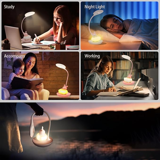 Kids Desk Lamp Pink, Dimming Desk Lamp for Girls with Exclusive Cartoon Look, Cute Night Light for Kids Bedroom, Eye-Caring LED Portable Reading Lamp for Child, Unique Gift (Pink Rabbit)