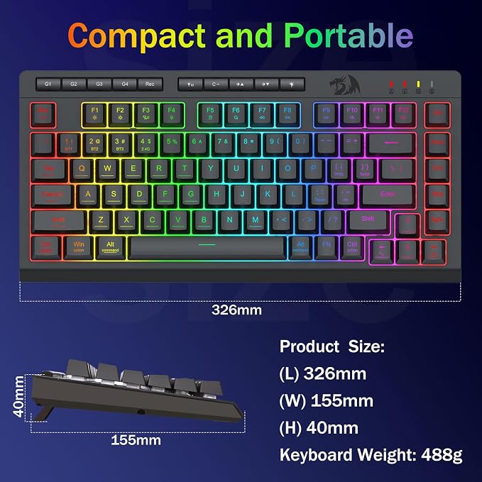 Redragon Wireless Gaming Keyboard, RGB Backlit, Portable 75% Design, Black | Bluetooth/2.4GHz/USB-C Wired, Mini Quiet Macro Membrane Keyboard, Rechargeable 4000mAh Battery, Anti-Ghosting for Win/MAC