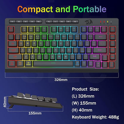 Redragon Wireless Gaming Keyboard, RGB Backlit, Portable 75% Design, Black | Bluetooth/2.4GHz/USB-C Wired, Mini Quiet Macro Membrane Keyboard, Rechargeable 4000mAh Battery, Anti-Ghosting for Win/MAC