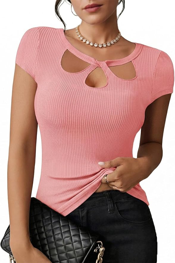 Pink Queen Sexy Tops for Women Cutout Keyhole Neck Cap Sleeve Shirts Casual Summer Clothes 2026 Fashion