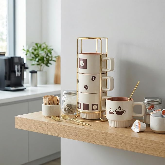 Stackable Coffee Mug Sets of 4 with Rack Tea Cup Set with Spoon 11oz for Coffee, Tea, Cocoa, Cappuccino, Hot Chocolate Ceramic Espresso Cups with Coffee Cup Holder, theme of Trendy