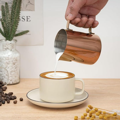 Amrules Milk Frothing Pitcher, 12 oz Milk Frother Cup with Clear Scale, 304 Stainless Steel Cappuccino Espresso Machine Accessories for Barista Coffee Bar with Latte Art Pen, Rose Gold