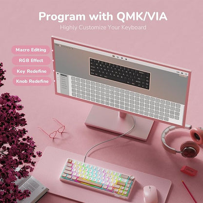 RK ROYAL KLUDGE R65 Wired Mechanical Keyboard with Volume Knob, 60% Percent RGB Backlit Gasket Mount Gaming Keyboard with PBT Keycaps, MDA Profile, QMK/VIA, 66 Keys Hot Swappable Cream Switch, Pink