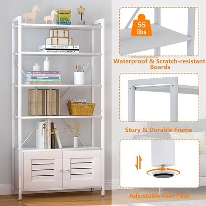 Storage Cabinet with 4 Open Shelves,1 Cupboard,White Bathroom Display Standing Shelf, White Wooden and Metal Frame Shelf for Living Room, Bathroom Bedroom, Home Office Organizer